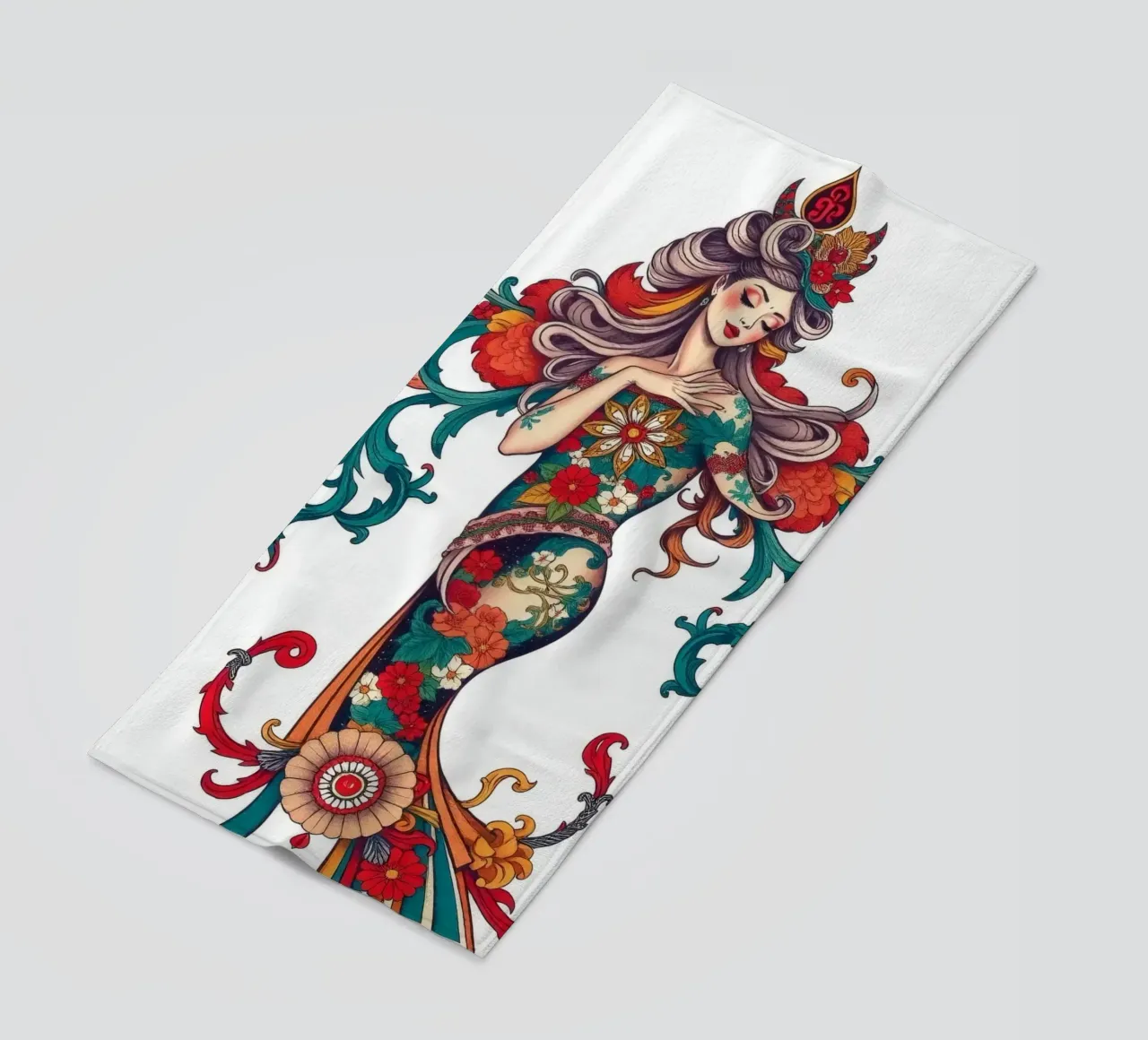donna adornata con motivi floreali che mostrano un design intricato telo mare da DesignDoodle