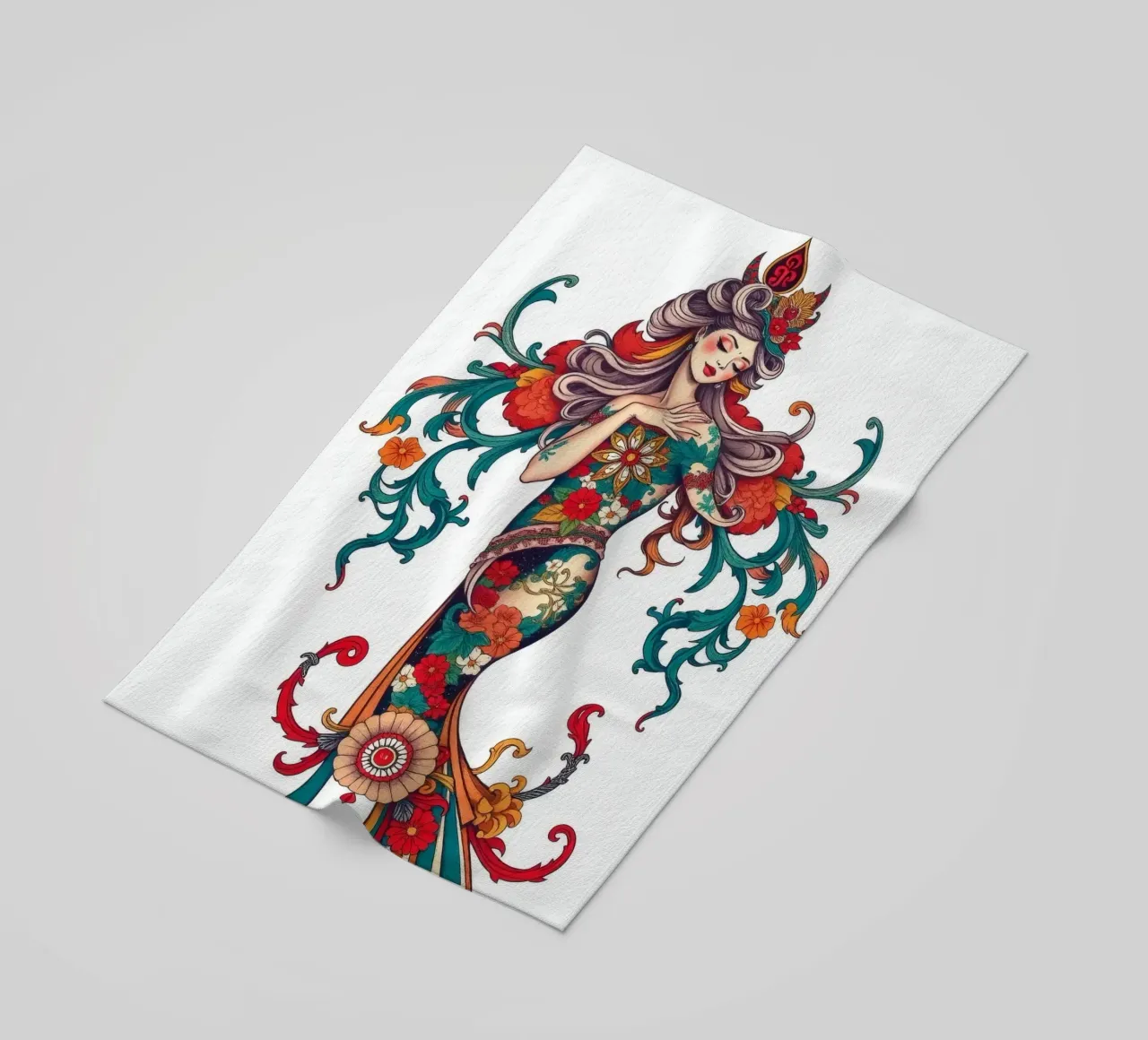 donna adornata con motivi floreali che mostrano un design intricato telo mare da DesignDoodle