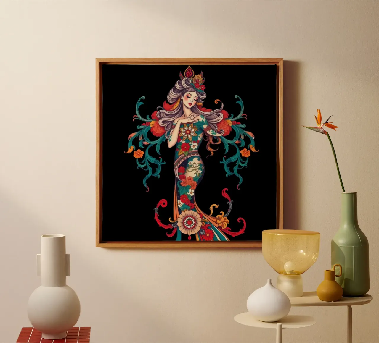 woman adorned in floral patterns showcasing intricate design canvas by DesignDoodle