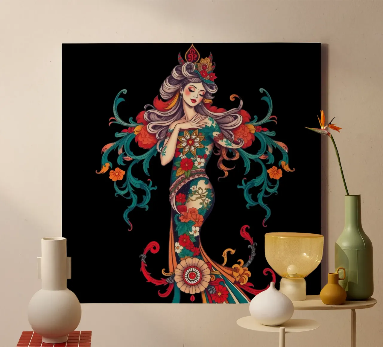 woman adorned in floral patterns showcasing intricate design canvas by DesignDoodle