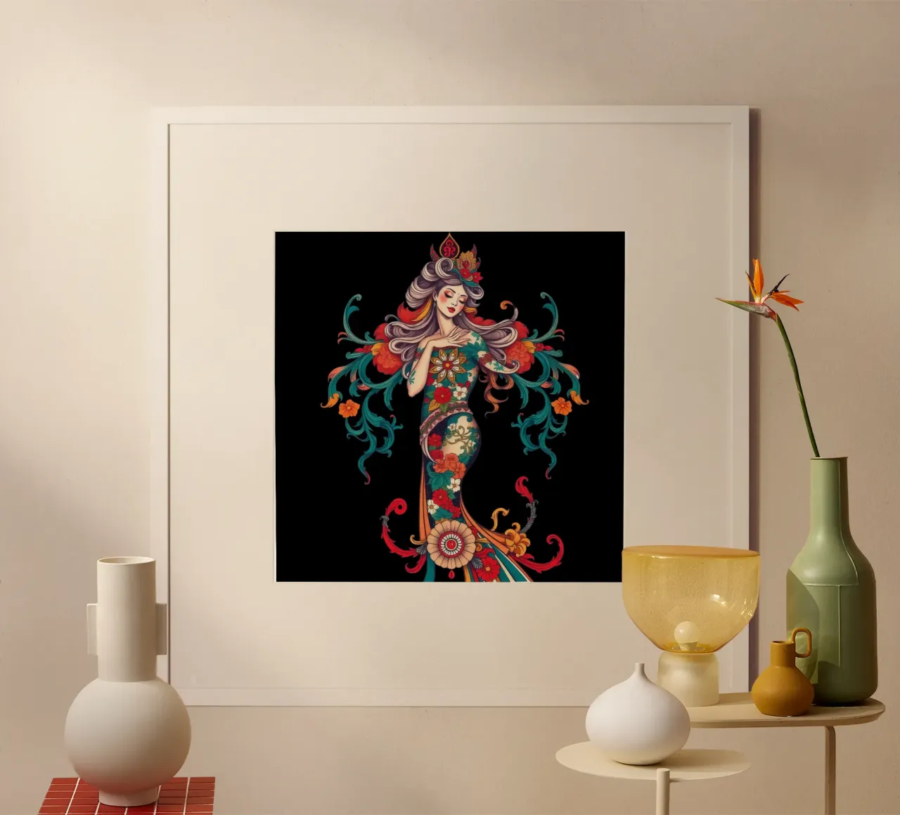woman adorned in floral patterns showcasing intricate design hahnemühle by DesignDoodle