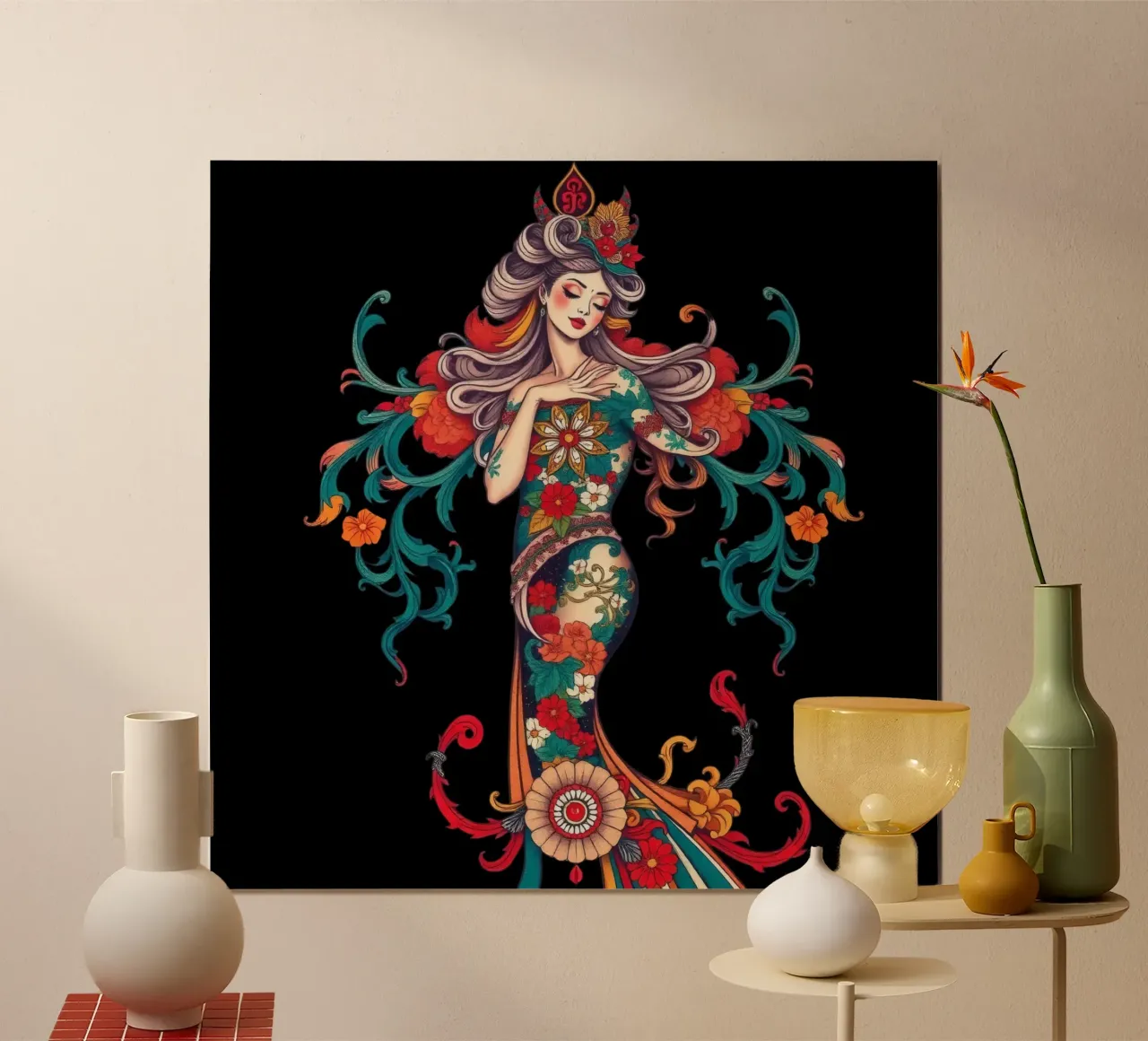 woman adorned in floral patterns showcasing intricate design hahnemühle by DesignDoodle
