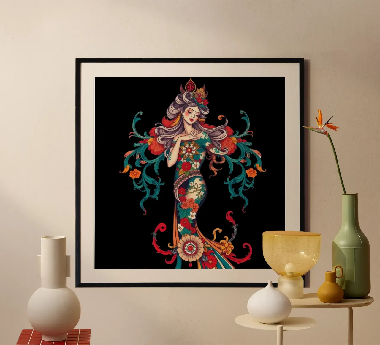 woman adorned in floral patterns showcasing intricate design hahnemühle by DesignDoodle