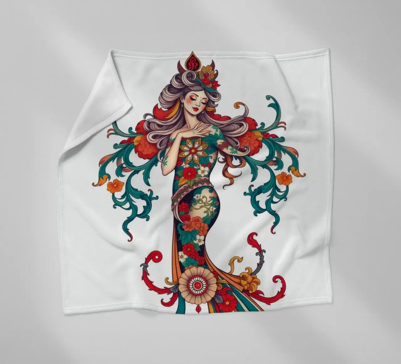 donna adornata con motivi floreali che mostrano un design intricato coperta in pile da DesignDoodle
