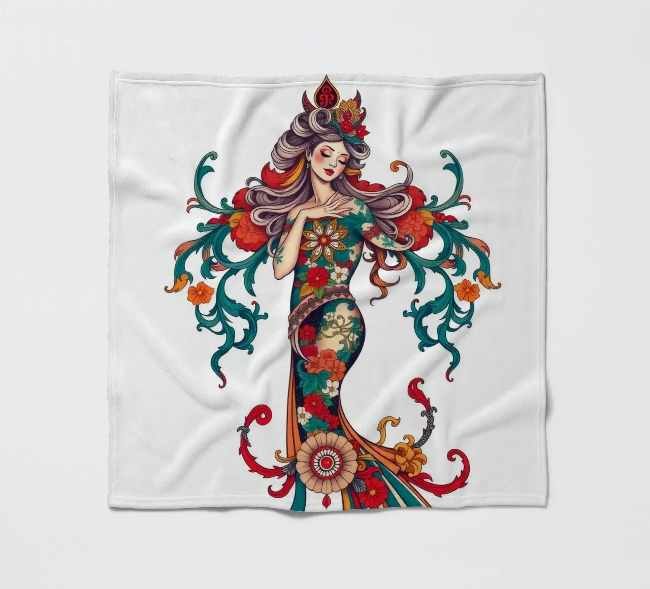 donna adornata con motivi floreali che mostrano un design intricato coperta in pile da DesignDoodle
