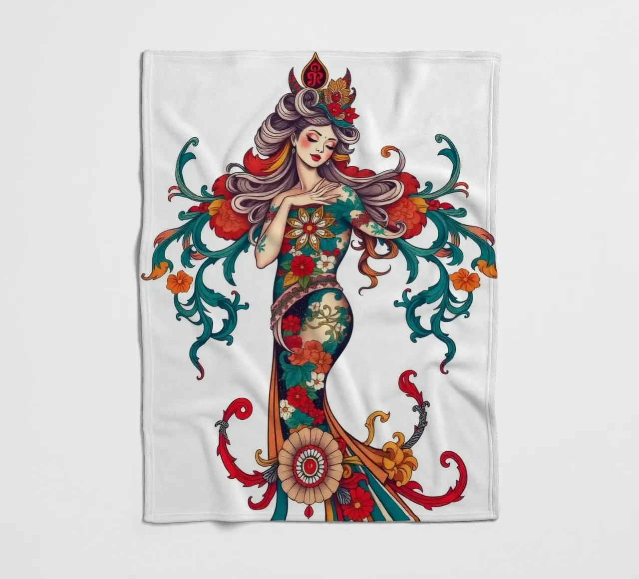 donna adornata con motivi floreali che mostrano un design intricato coperta in pile da DesignDoodle