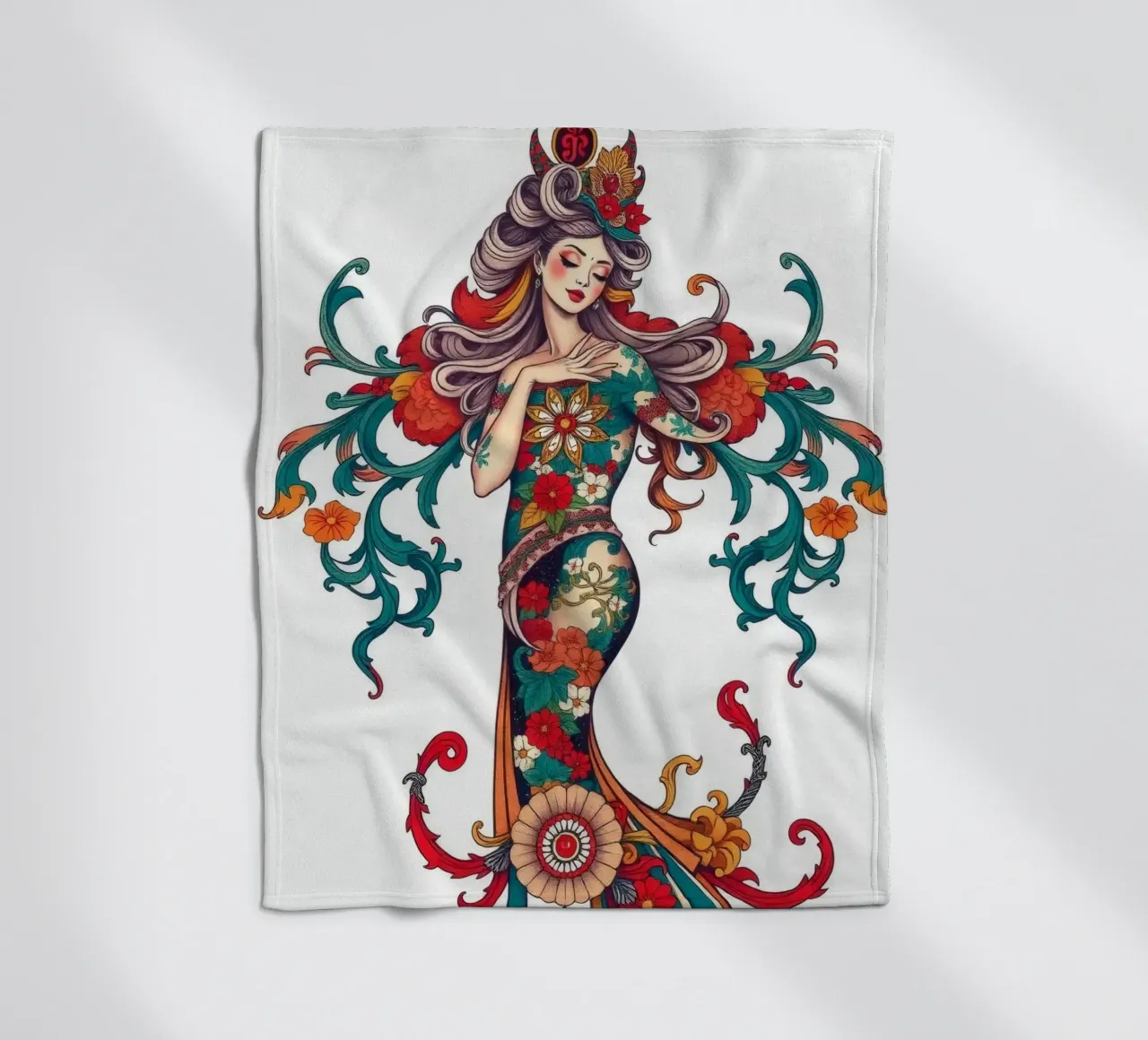 donna adornata con motivi floreali che mostrano un design intricato coperta in pile da DesignDoodle
