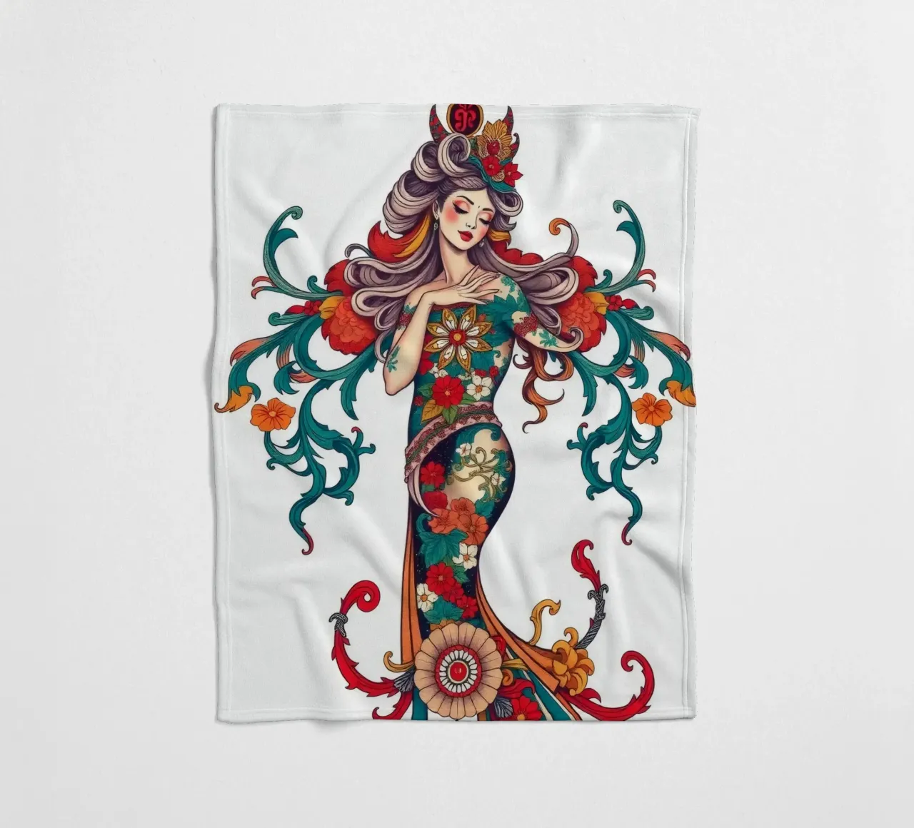 donna adornata con motivi floreali che mostrano un design intricato coperta in pile da DesignDoodle