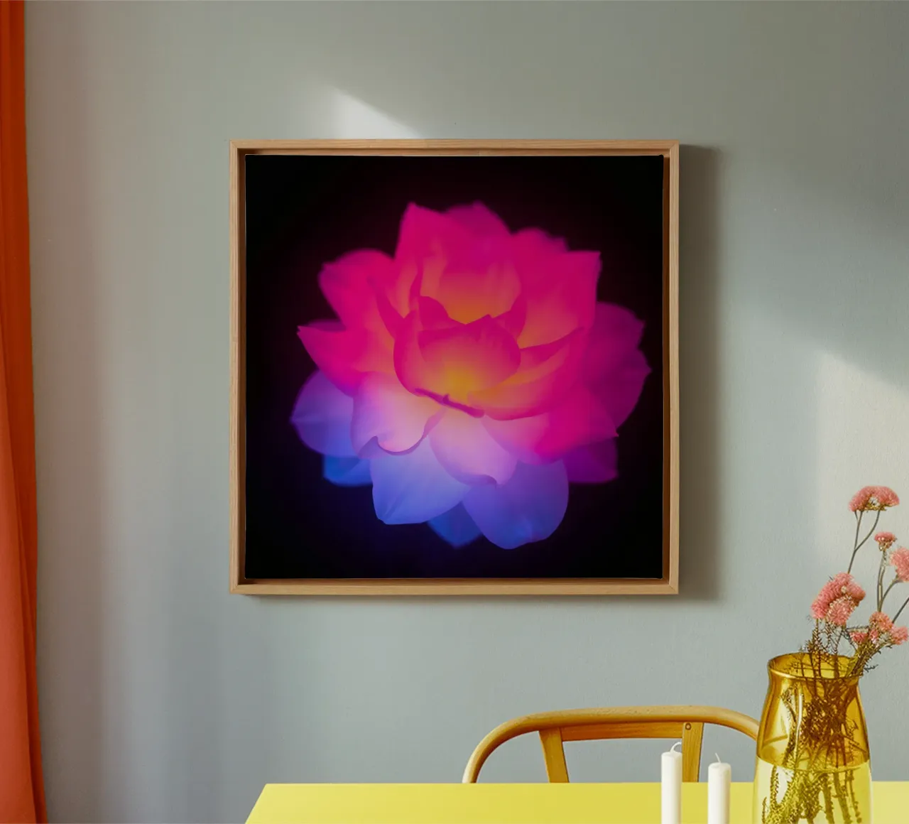 Kleurrijke verlichte lotusbloem gloeiend in het donker canvas met Baklijst van DesignDoodle