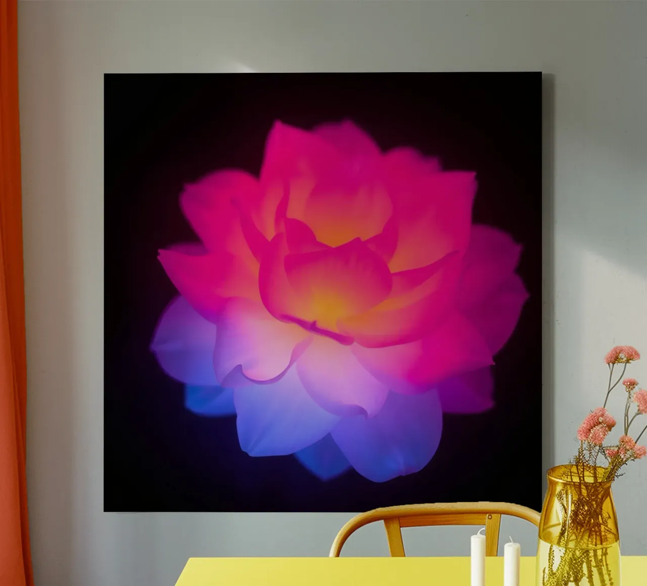 Kleurrijke verlichte lotusbloem gloeiend in het donker canvas met Baklijst van DesignDoodle