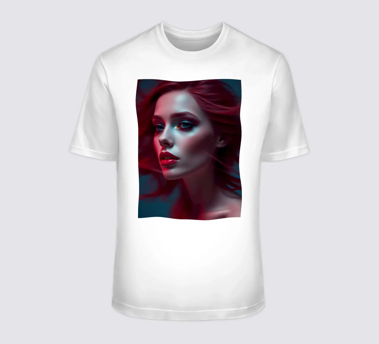 Donna dai capelli rossi con lineamenti marcati e capigliatura fluente in t-shirt da DesignDoodle