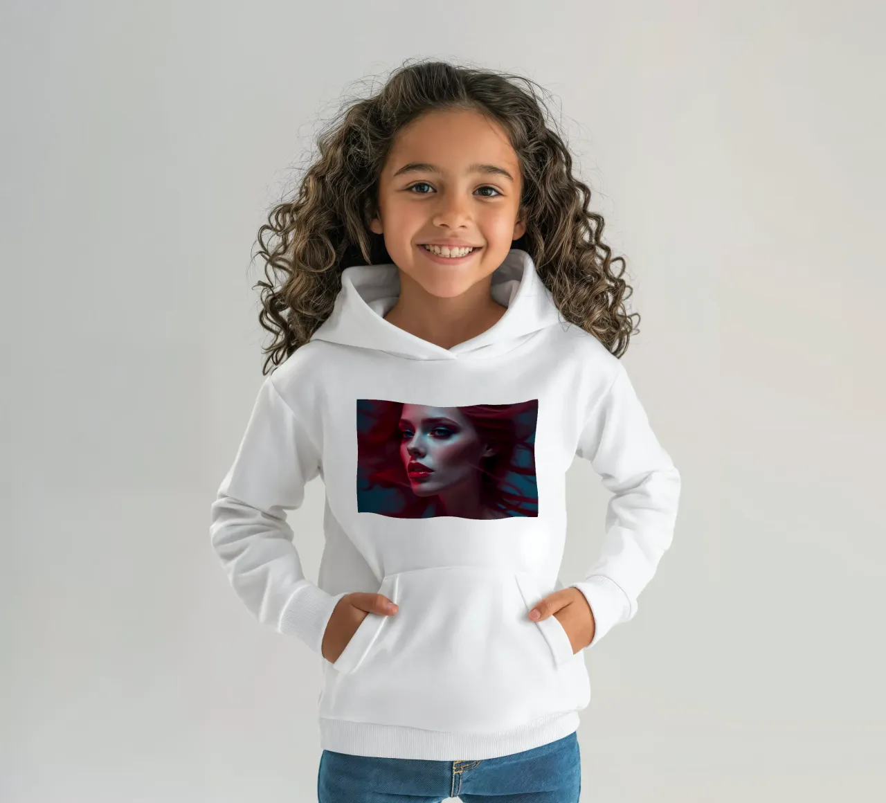 Donna dai capelli rossi con lineamenti marcati e capigliatura fluente in felpa bambino con cappuccio da DesignDoodle