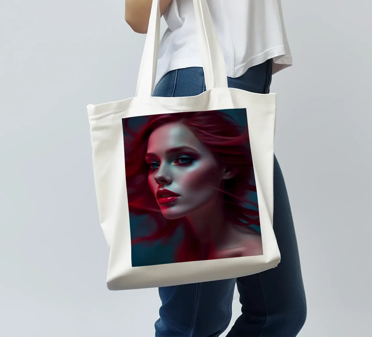 Donna dai capelli rossi con lineamenti marcati e capigliatura fluente in borsa in juta da DesignDoodle