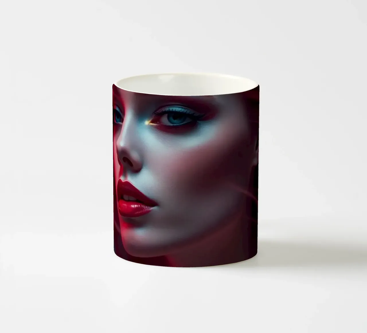 Donna dai capelli rossi con lineamenti marcati e capigliatura fluente in tazza in ceramica da DesignDoodle