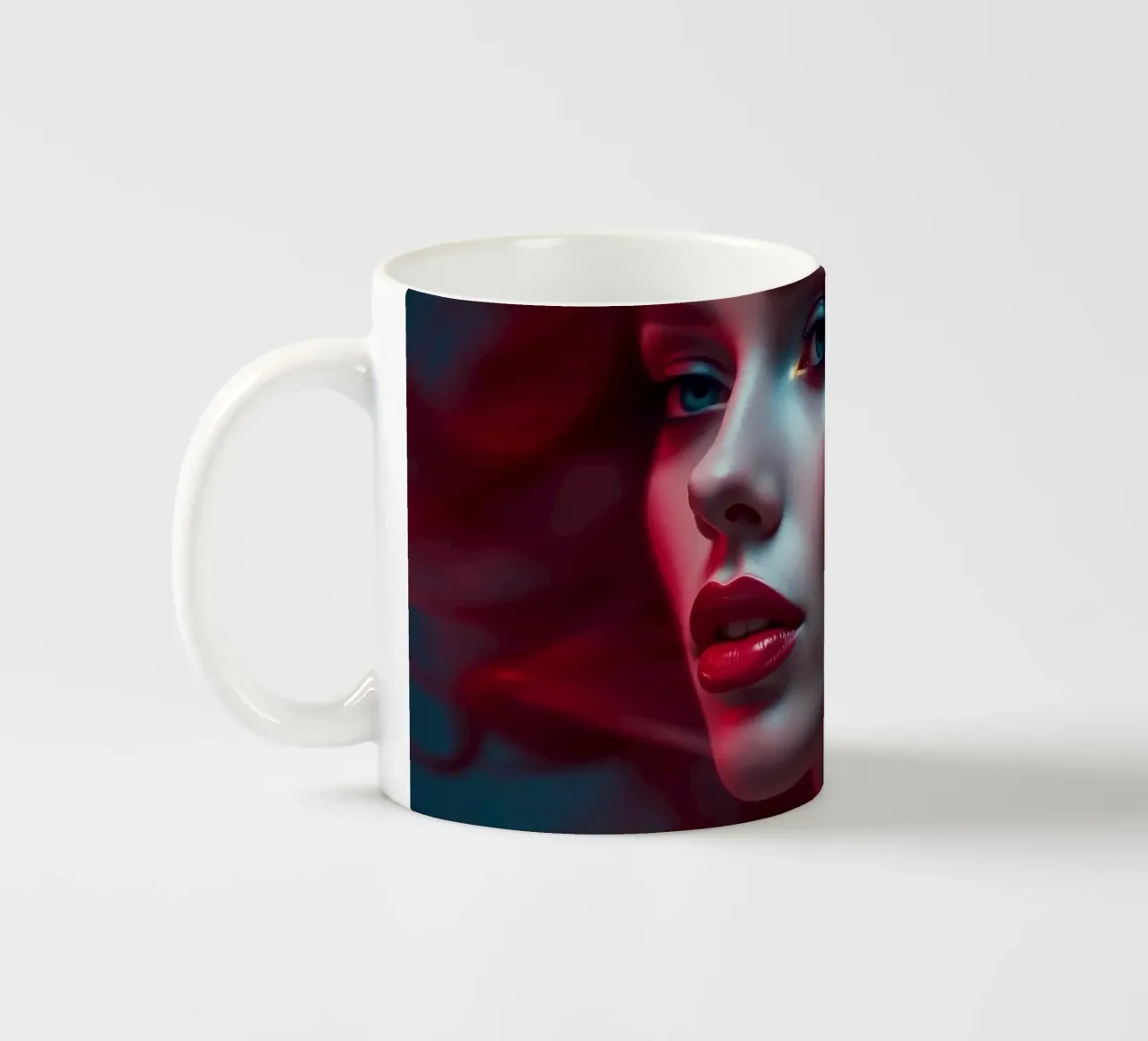 Donna dai capelli rossi con lineamenti marcati e capigliatura fluente in tazza in ceramica da DesignDoodle
