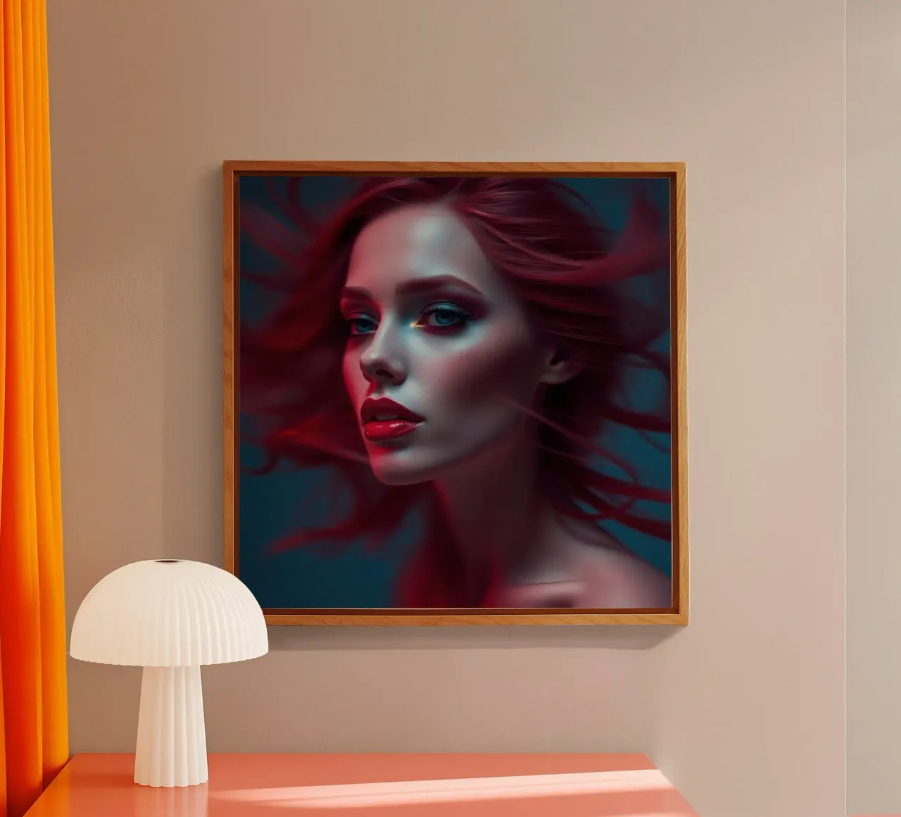 Donna dai capelli rossi con lineamenti marcati e capigliatura fluente in plexiglass da DesignDoodle