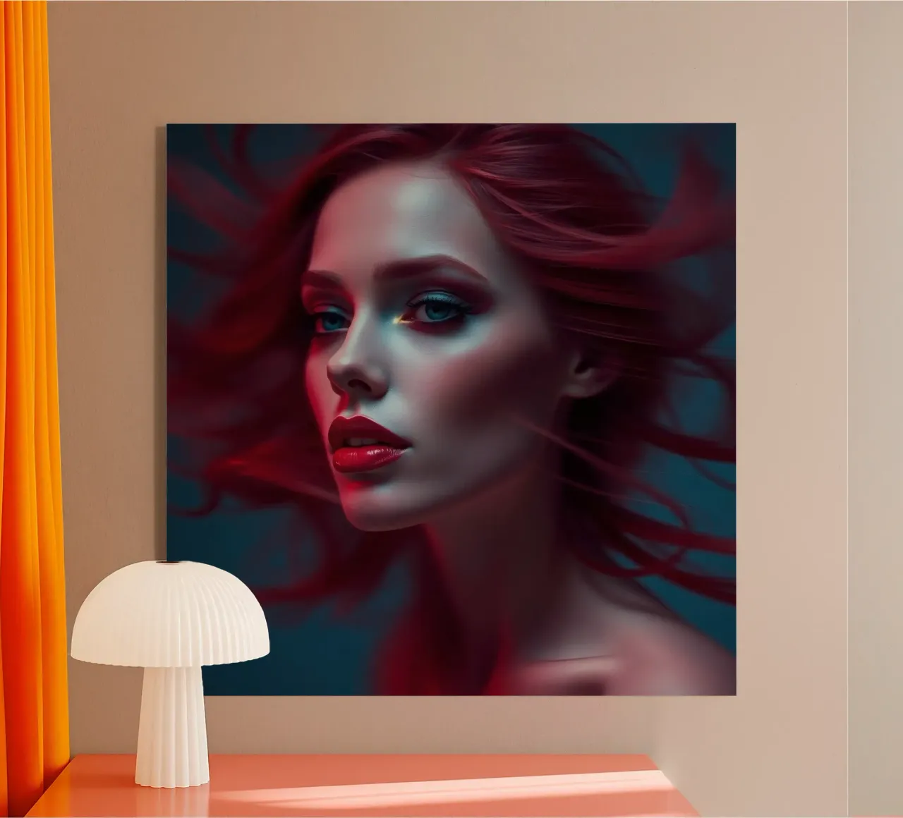 Donna dai capelli rossi con lineamenti marcati e capigliatura fluente in plexiglass da DesignDoodle
