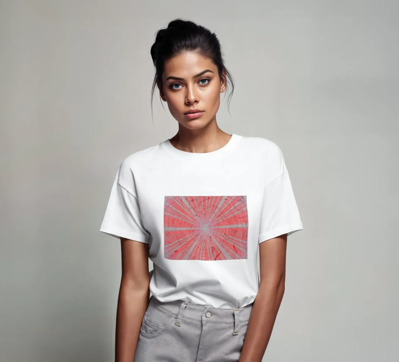 Abstract dynamic pattern in the colours grey and red t-shirt by Something for you