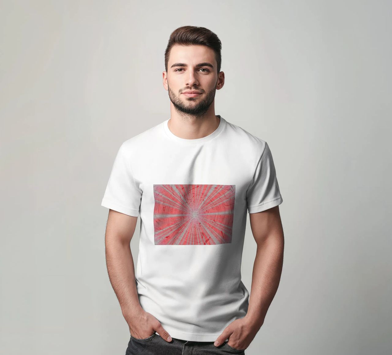 Abstract dynamic pattern in the colours grey and red t-shirt by Something for you