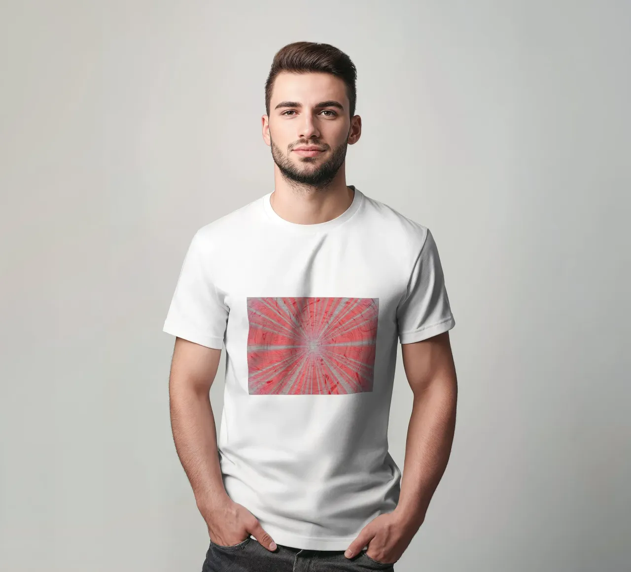 Abstract dynamic pattern in the colours grey and red t-shirt by Something for you