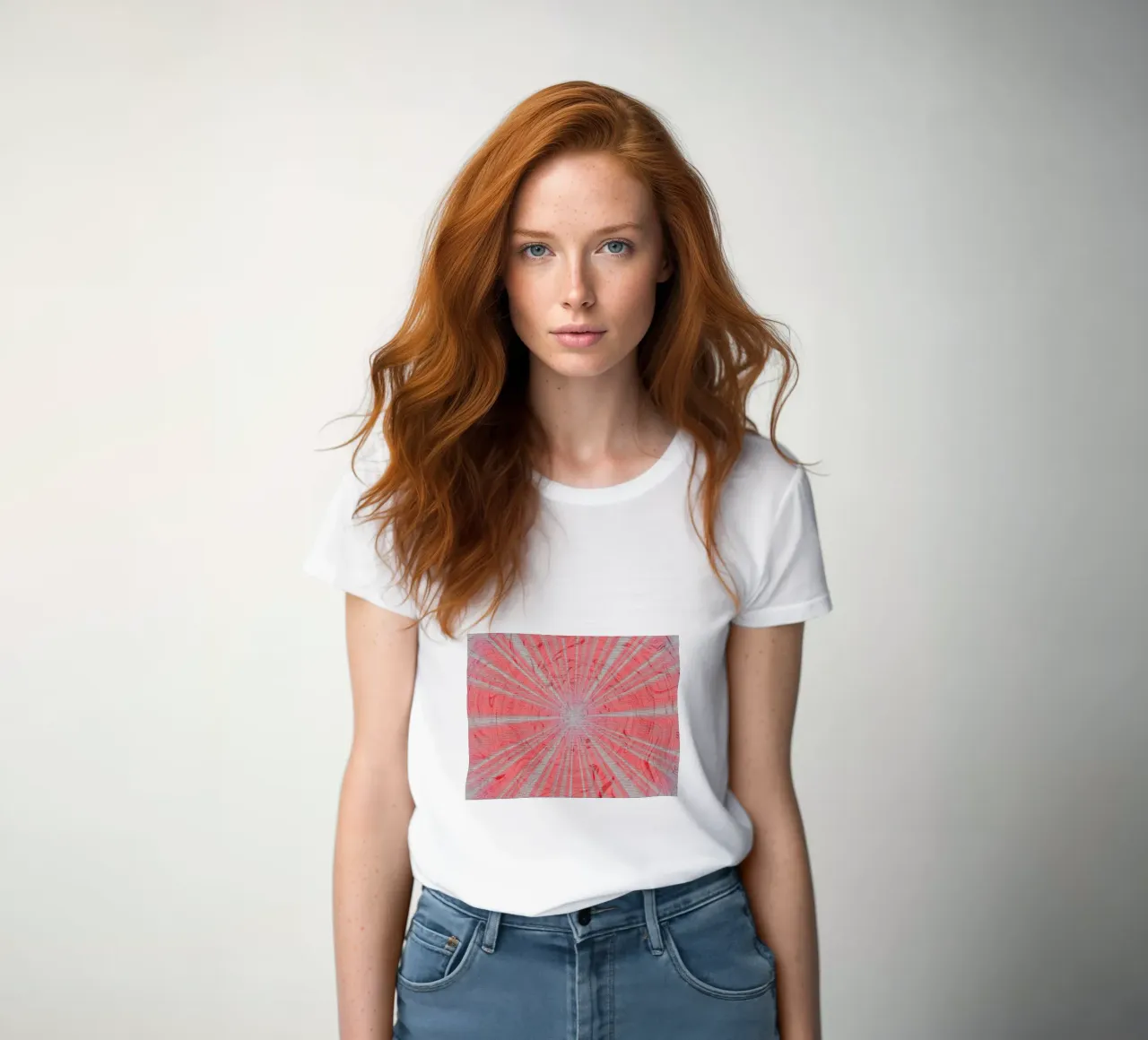Abstract dynamic pattern in the colours grey and red women's fitted t-shirt by Something for you