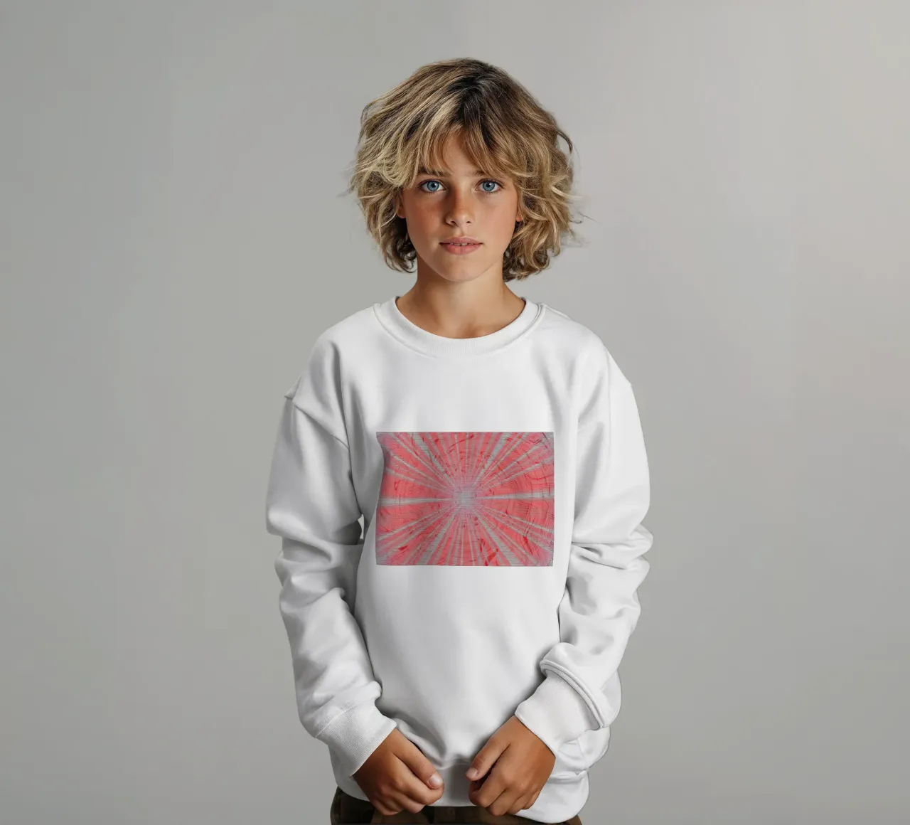 Abstract dynamic pattern in the colours grey and red kids sweatshirt by Something for you