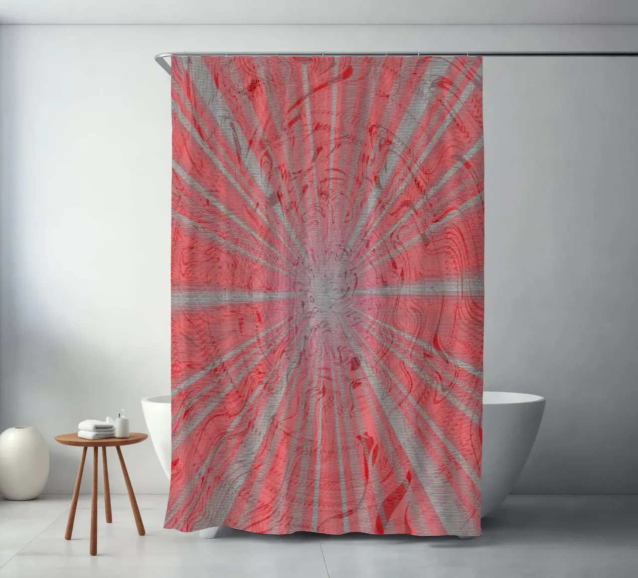 Abstract dynamic pattern in the colours grey and red shower curtain by Something for you
