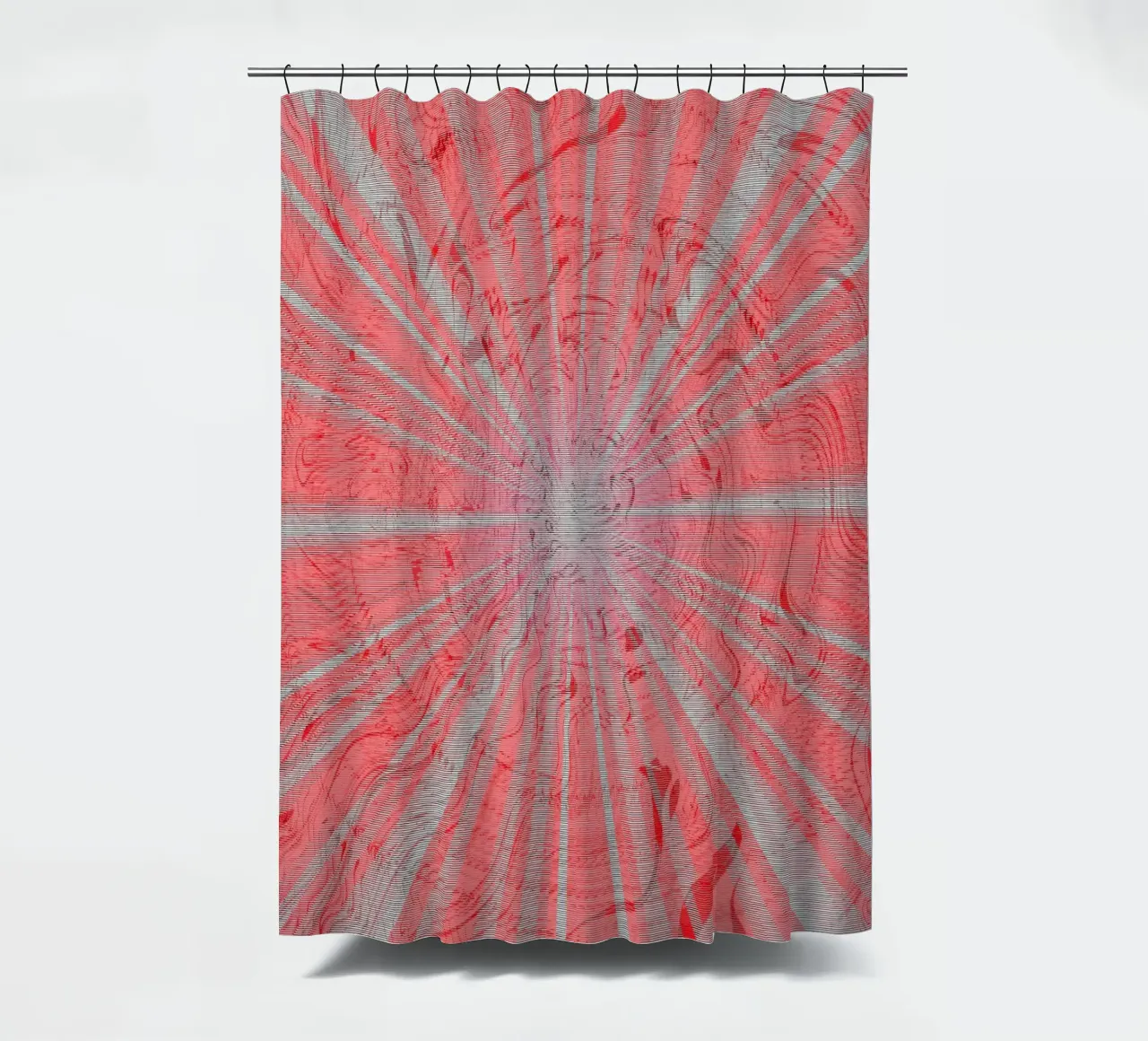 Abstract dynamic pattern in the colours grey and red shower curtain by Something for you