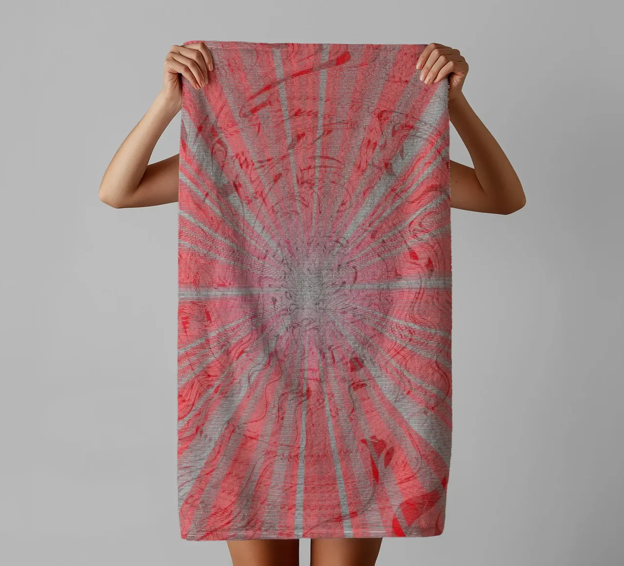 Abstract dynamic pattern in the colours grey and red towel by Something for you