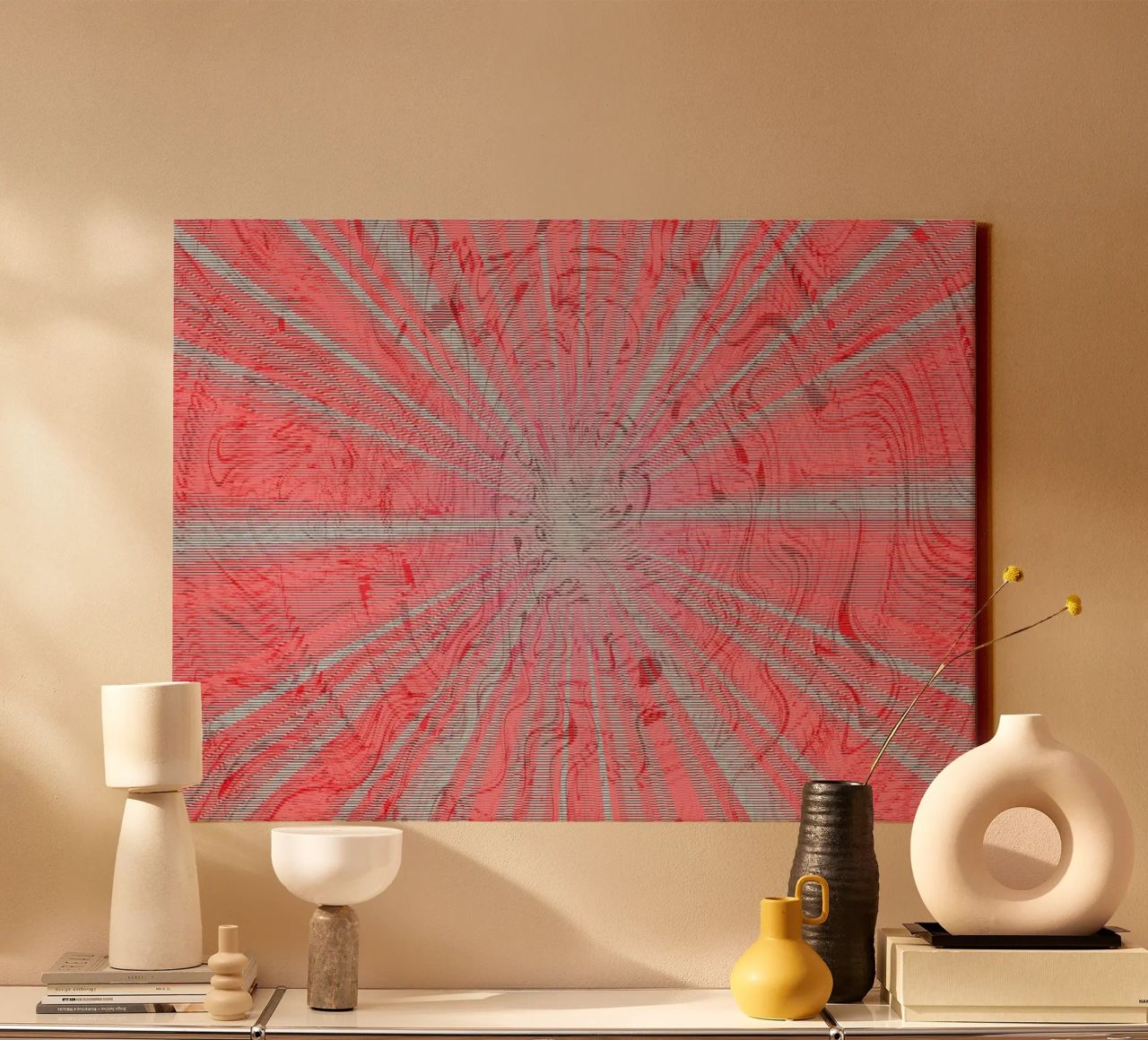 Abstraktess dynamisches Muster in den Farben Grau und Rot Leinwand von Something for you