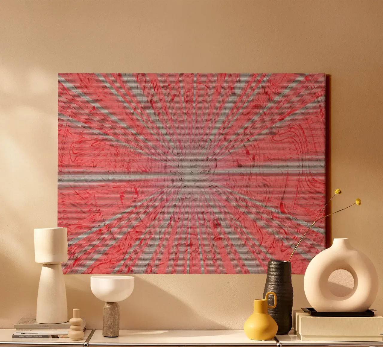 Abstraktess dynamisches Muster in den Farben Grau und Rot Leinwand von Something for you
