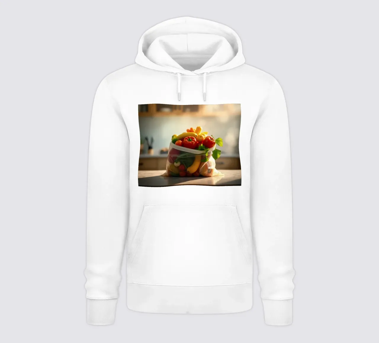 Frutta e verdura fresche disposte in un sacchetto riutilizzabile felpa con cappuccio da DesignDoodle
