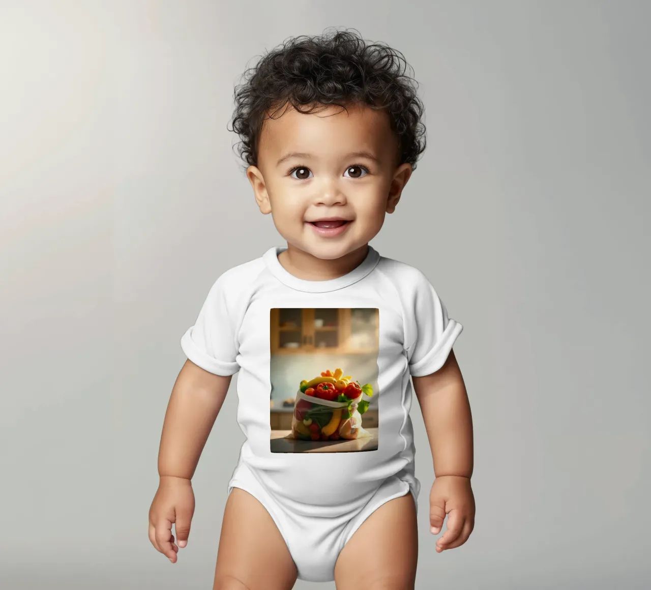 Frutta e verdura fresche disposte in un sacchetto riutilizzabile body neonato maniche corte da DesignDoodle