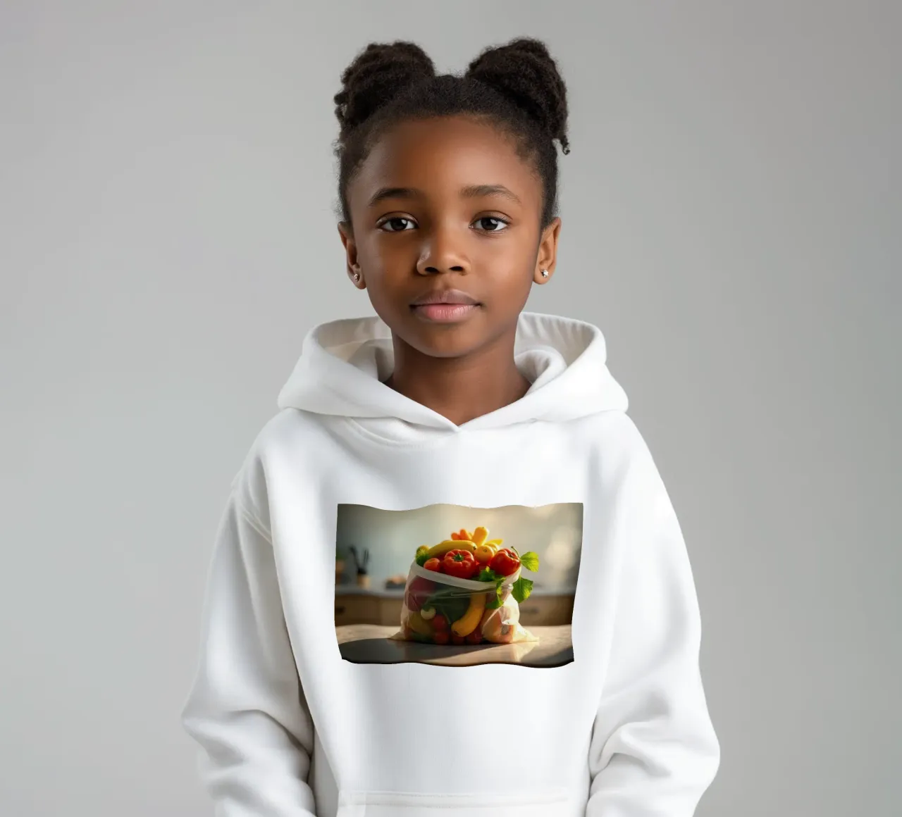 Frutta e verdura fresche disposte in un sacchetto riutilizzabile felpa bambino con cappuccio da DesignDoodle