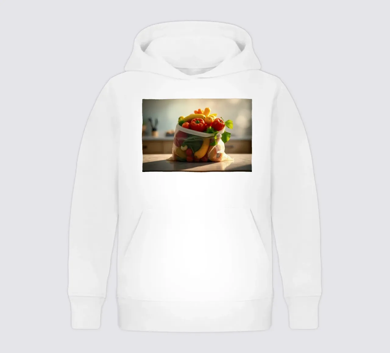 Frutta e verdura fresche disposte in un sacchetto riutilizzabile felpa bambino con cappuccio da DesignDoodle