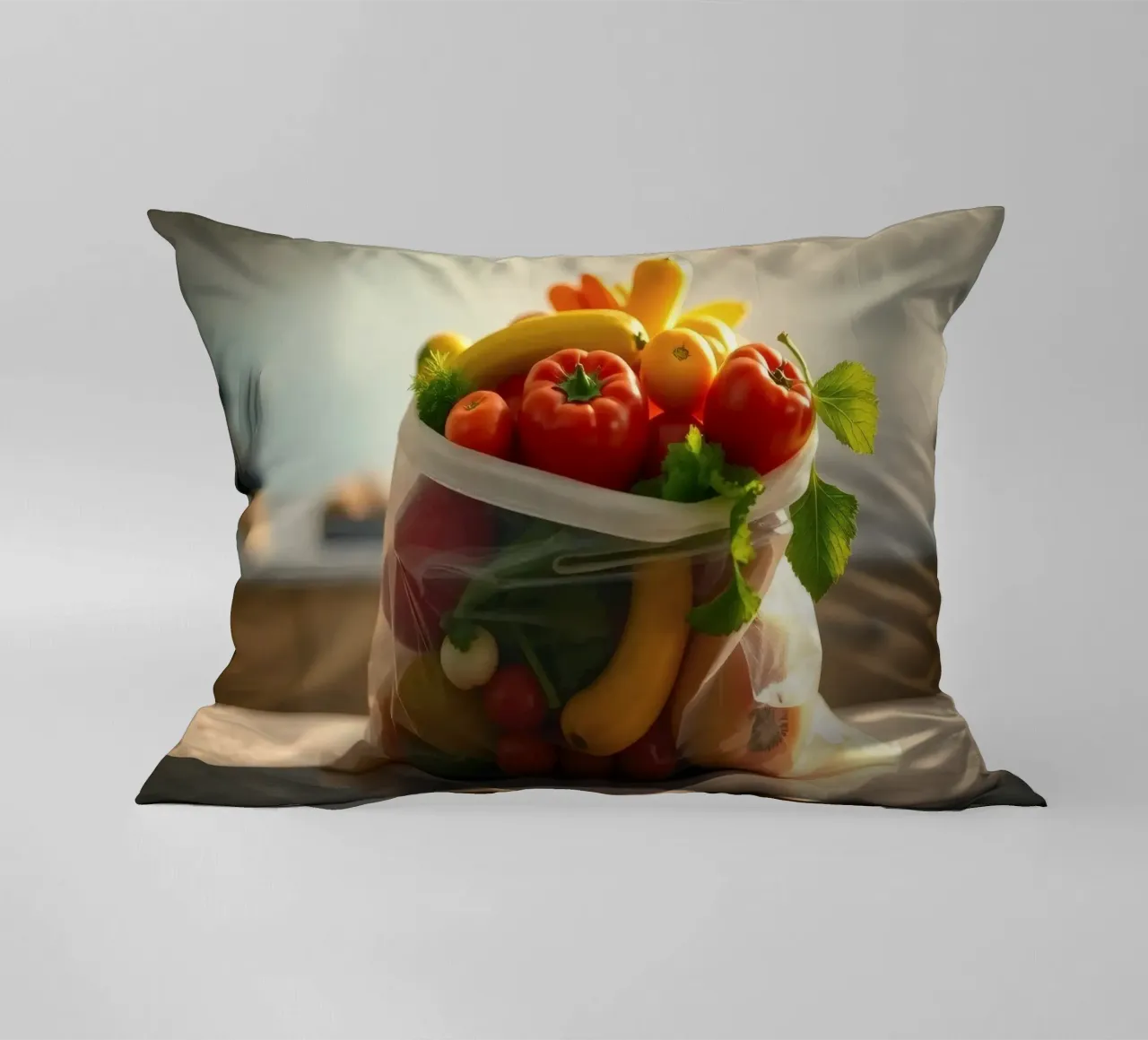 Frutta e verdura fresche disposte in un sacchetto riutilizzabile cuscino da DesignDoodle