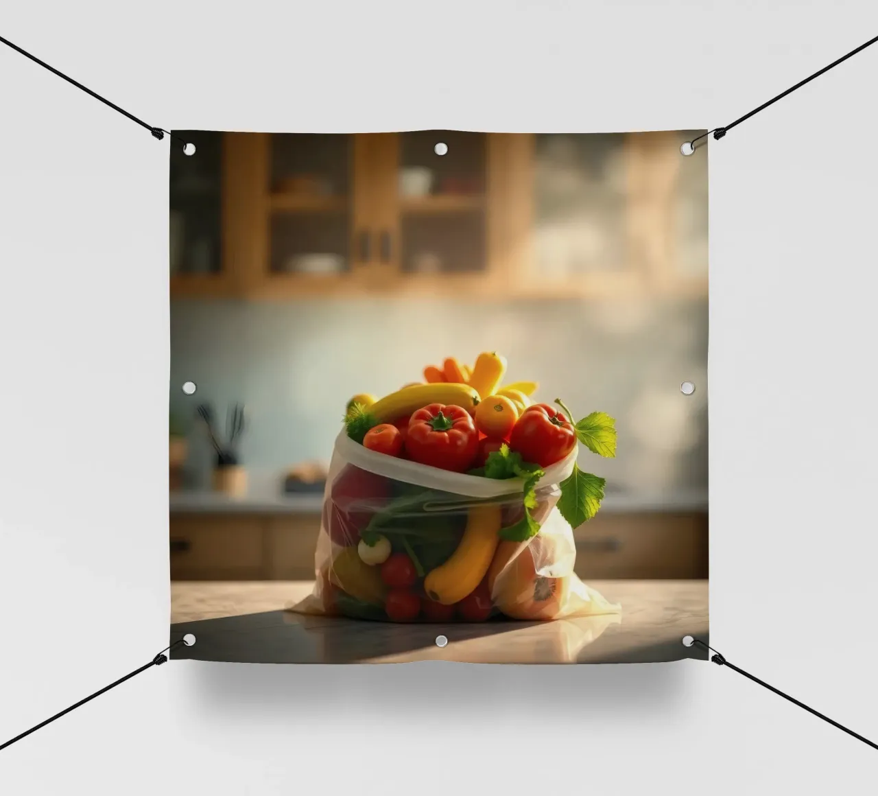 Frutta e verdura fresche disposte in un sacchetto riutilizzabile telo in pvc da DesignDoodle