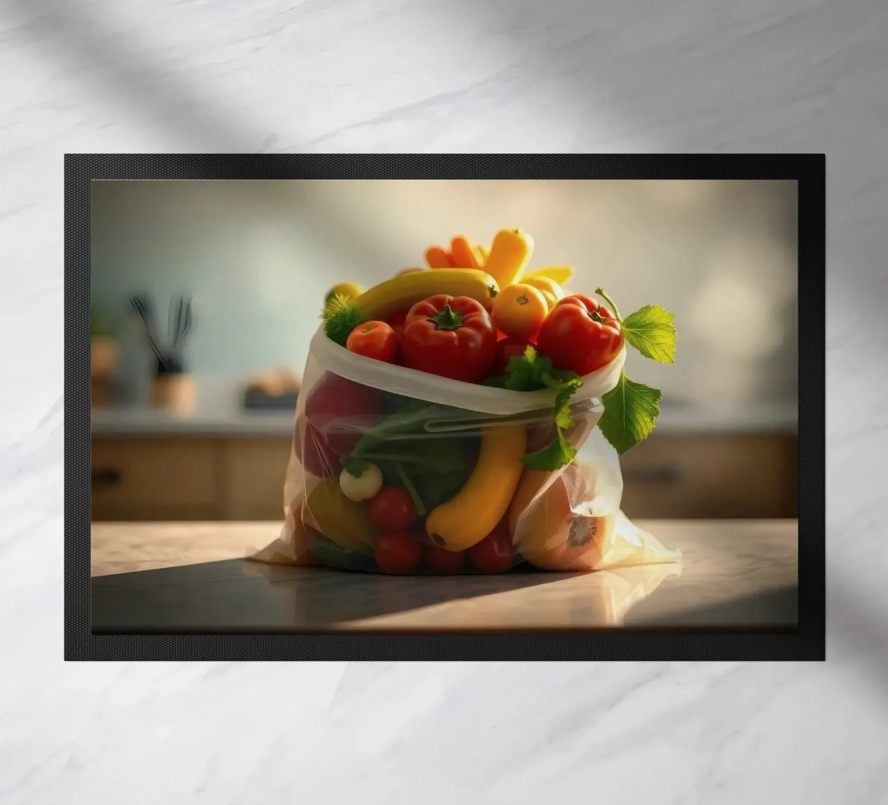 Frutta e verdura fresche disposte in un sacchetto riutilizzabile zerbino da DesignDoodle