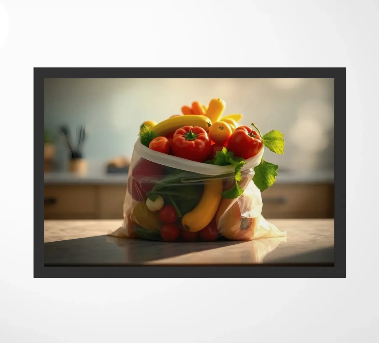 Frutta e verdura fresche disposte in un sacchetto riutilizzabile zerbino da DesignDoodle