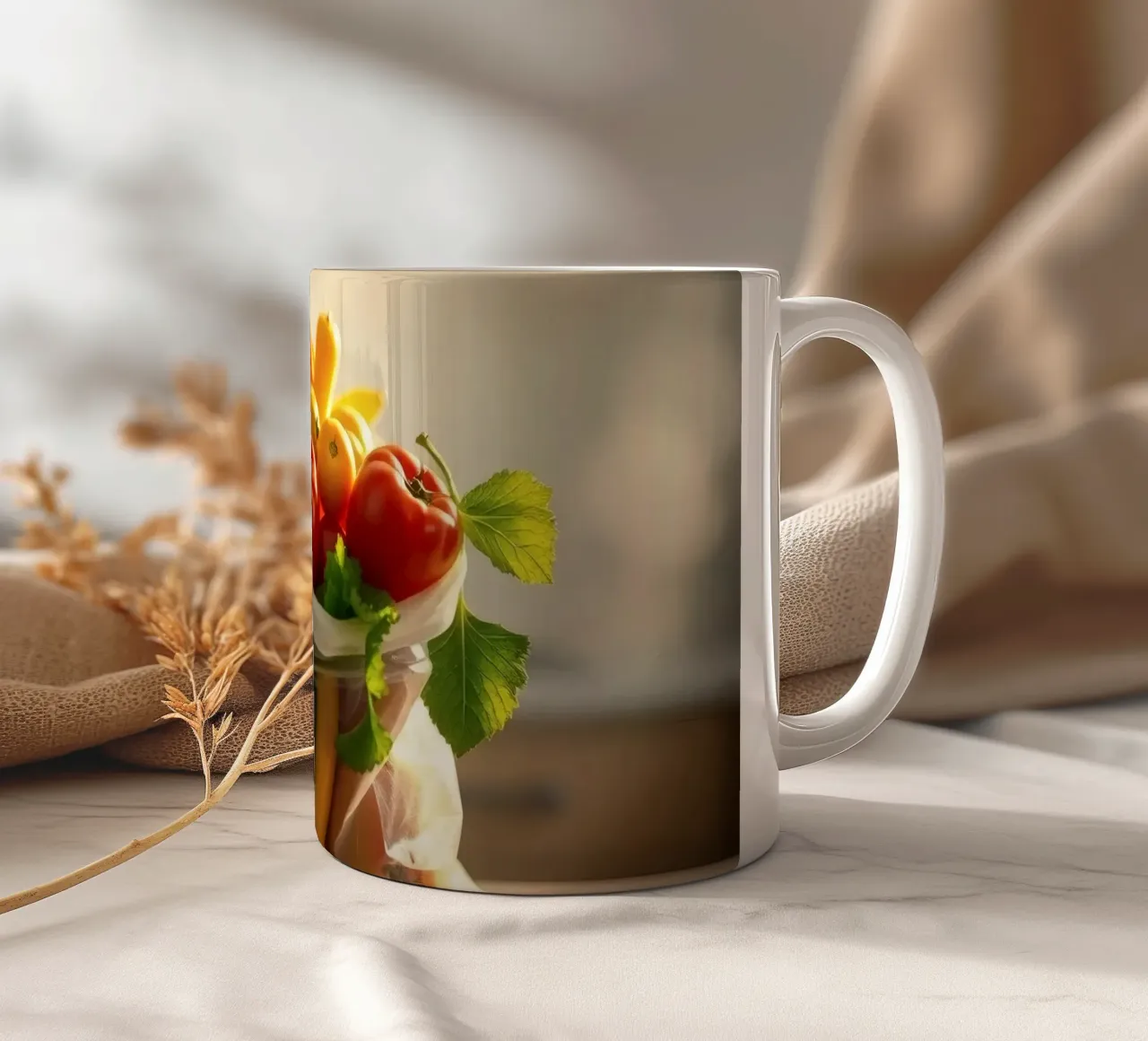 Frutta e verdura fresche disposte in un sacchetto riutilizzabile tazza in ceramica da DesignDoodle