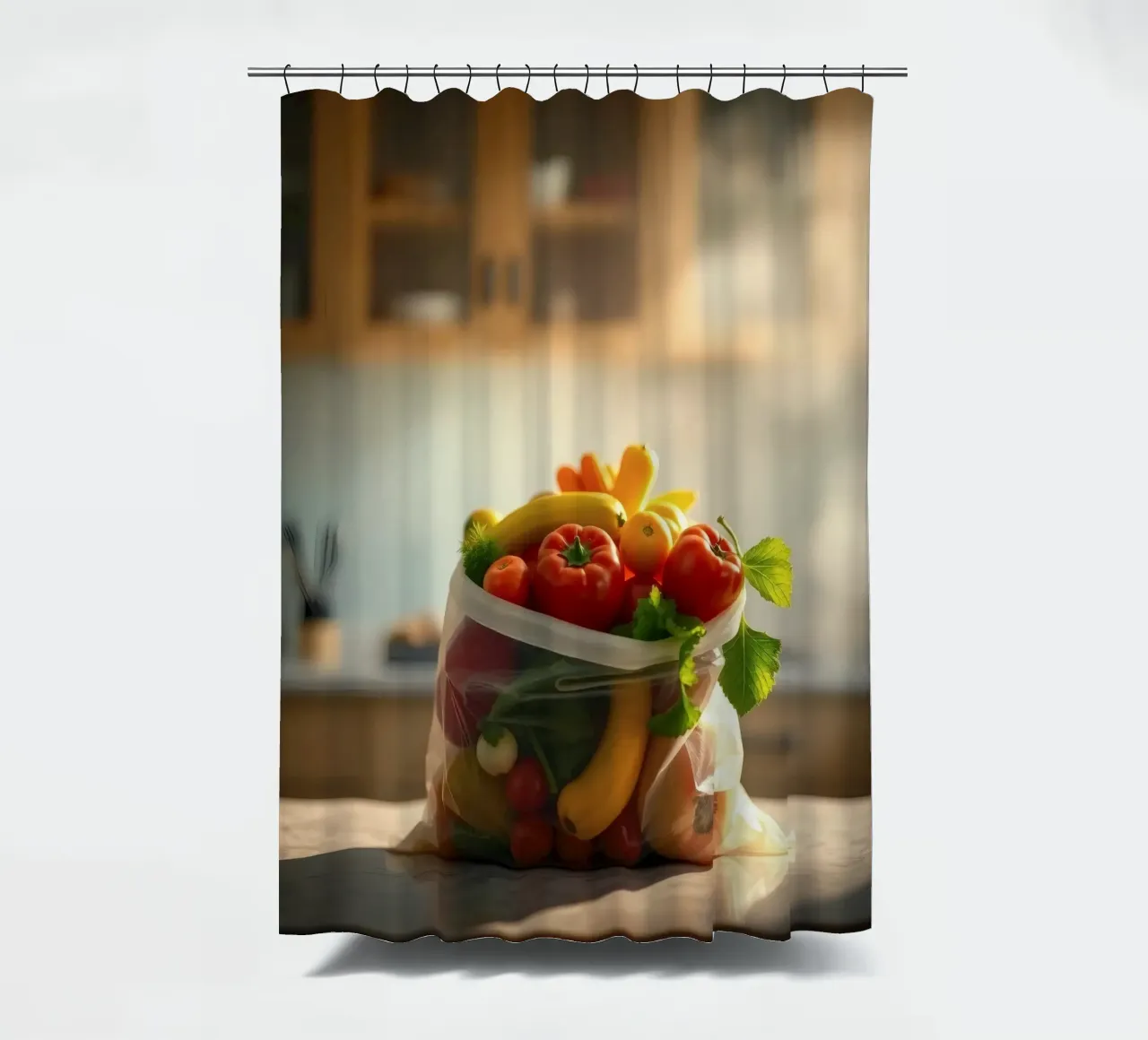 Frutta e verdura fresche disposte in un sacchetto riutilizzabile tenda da doccia da DesignDoodle