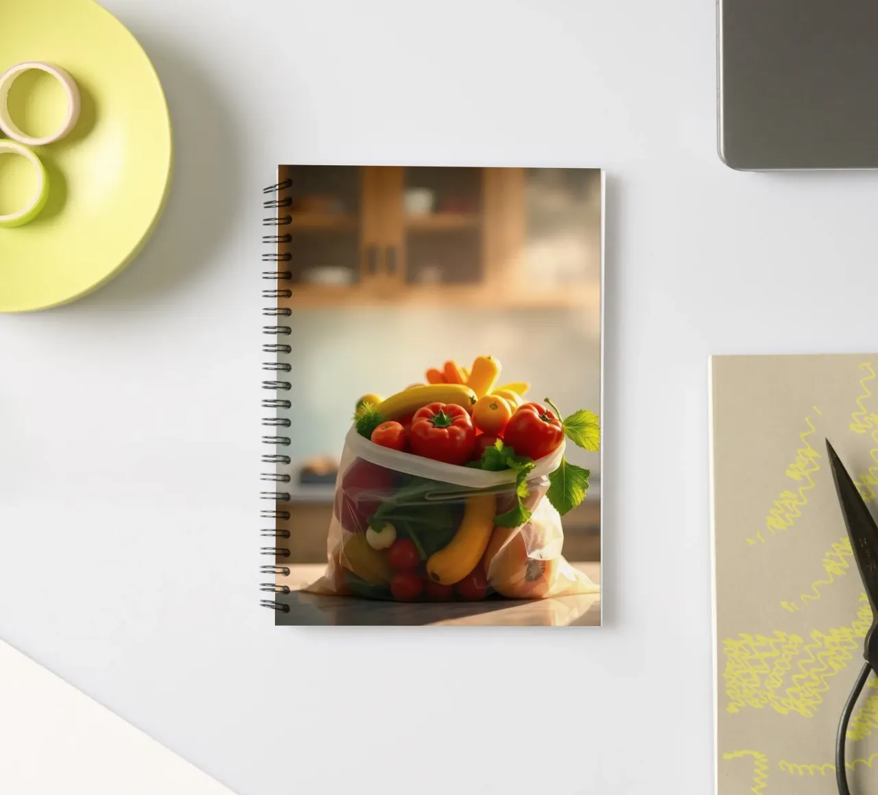 Frutta e verdura fresche disposte in un sacchetto riutilizzabile diario ad anelli da DesignDoodle