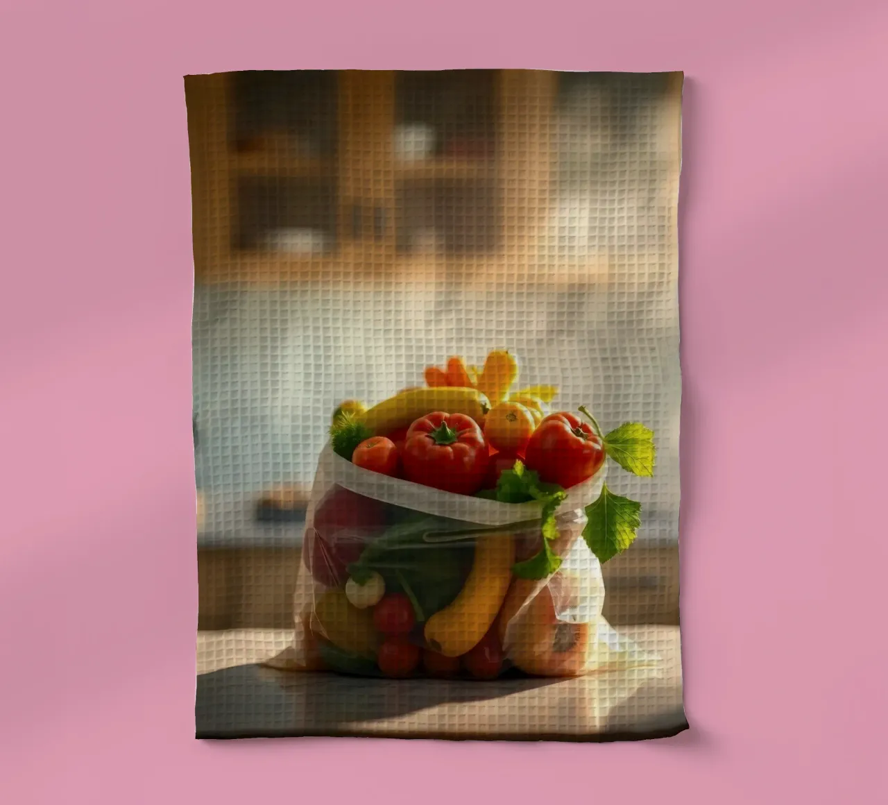 Frutta e verdura fresche disposte in un sacchetto riutilizzabile canovaccio da cucina da DesignDoodle