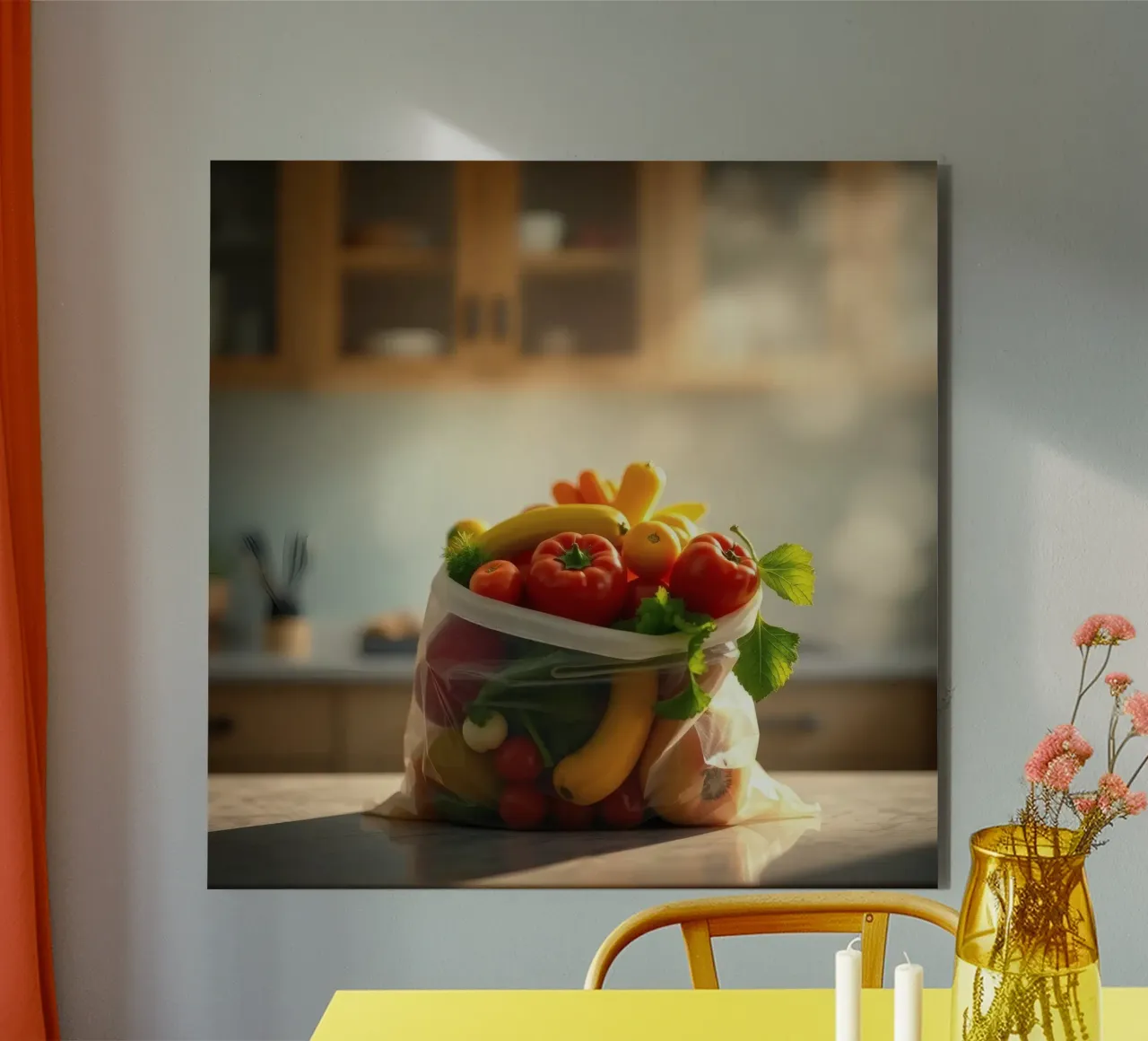 Frutta e verdura fresche disposte in un sacchetto riutilizzabile alluminio dibond da DesignDoodle