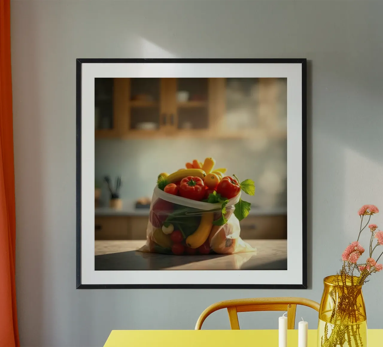 Frutta e verdura fresche disposte in un sacchetto riutilizzabile poster con telaio in legno da DesignDoodle