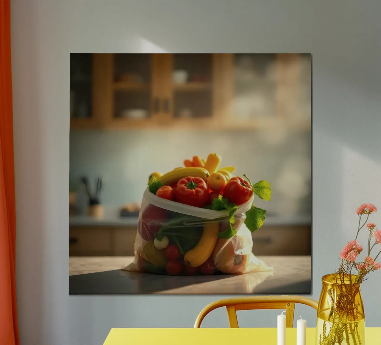 Frutta e verdura fresche disposte in un sacchetto riutilizzabile poster con telaio in legno da DesignDoodle