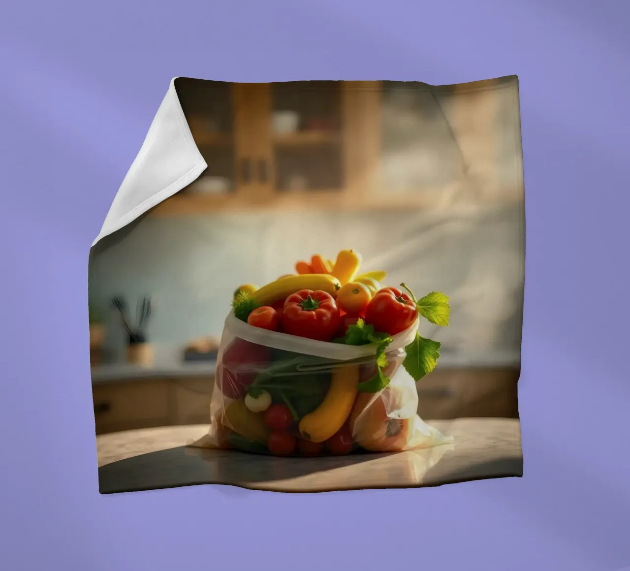 Frutta e verdura fresche disposte in un sacchetto riutilizzabile coperta in pile da DesignDoodle