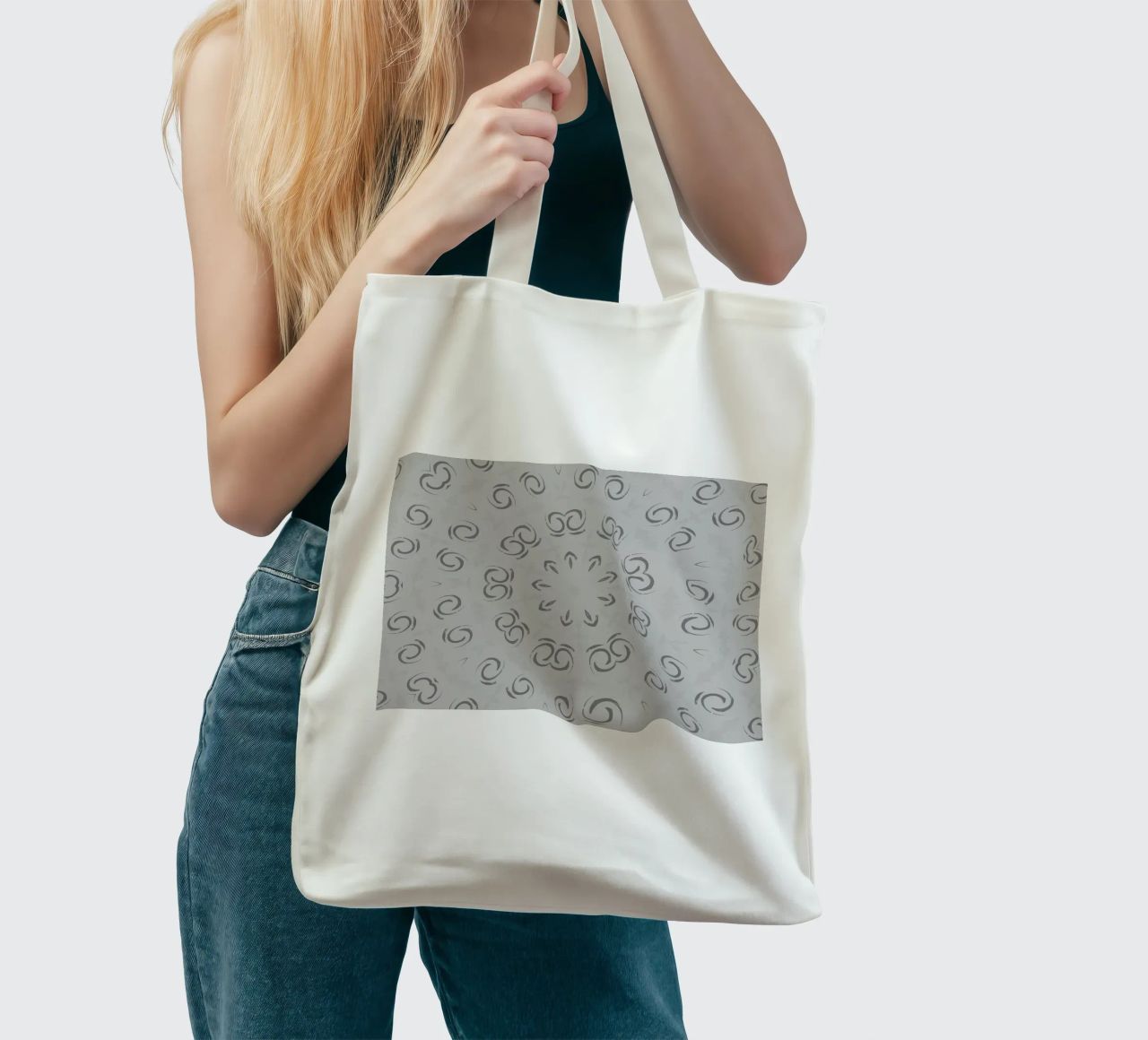 Abstract dynamic circular pattern in grey tote bag by Something for you