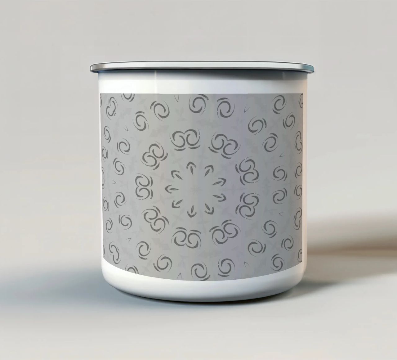 Abstract dynamic circular pattern in grey enamel mug by Something for you