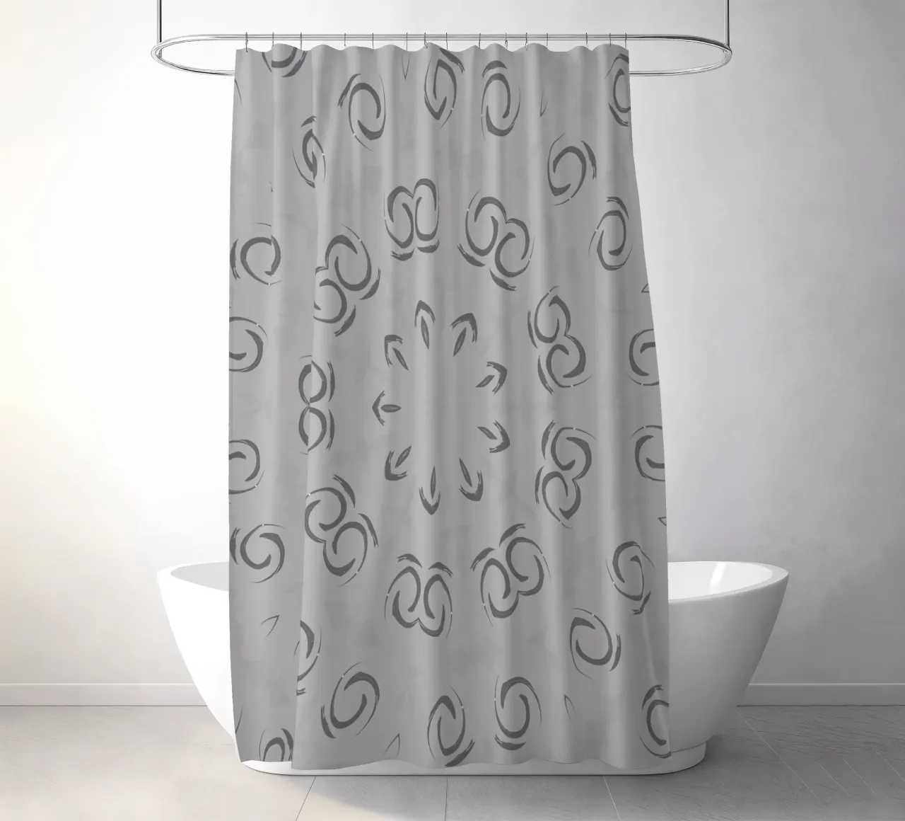 Abstract dynamic circular pattern in grey shower curtain by Something for you